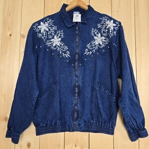 Vintage Passion Embroidered Denim Zip Up Bomber Jacket Womens XXL NWT